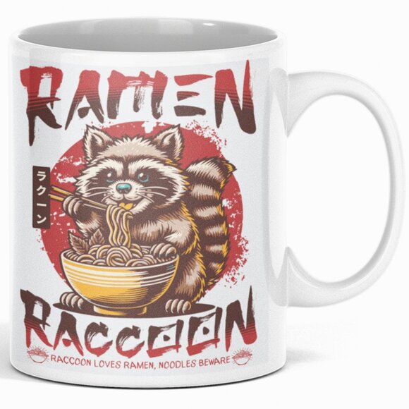 Racoon eating Ramen Noodles Double-Sided Ceramic Coffee Mug - Picture 2 of 4